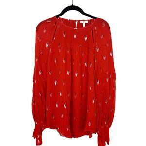 Joie Womens S Mosi Red Silver Silk Aztec Boho Long Sleeve Blouse Designer